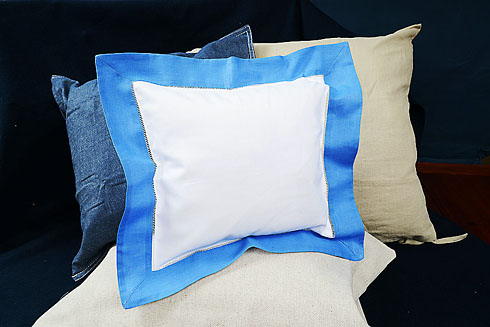 Square Hemstitch Baby Pillow 12" x 12 White with French Blue